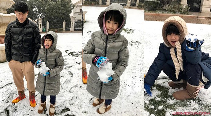 陆毅带着两个女儿玩雪