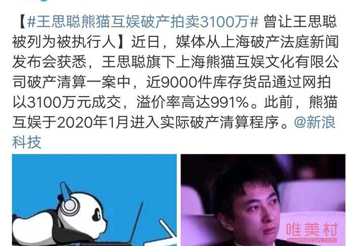 王思聪旗下熊猫互娱破产拍卖 3100万元成交