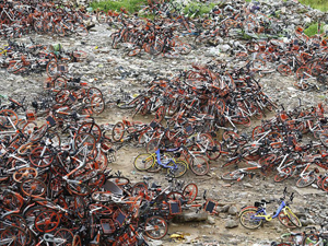 南昌现共享单车坟场 堆积如山均是被扣车辆