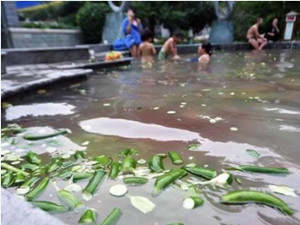 河南温泉推灵芝浴 很多游客边泡温泉边吃水
